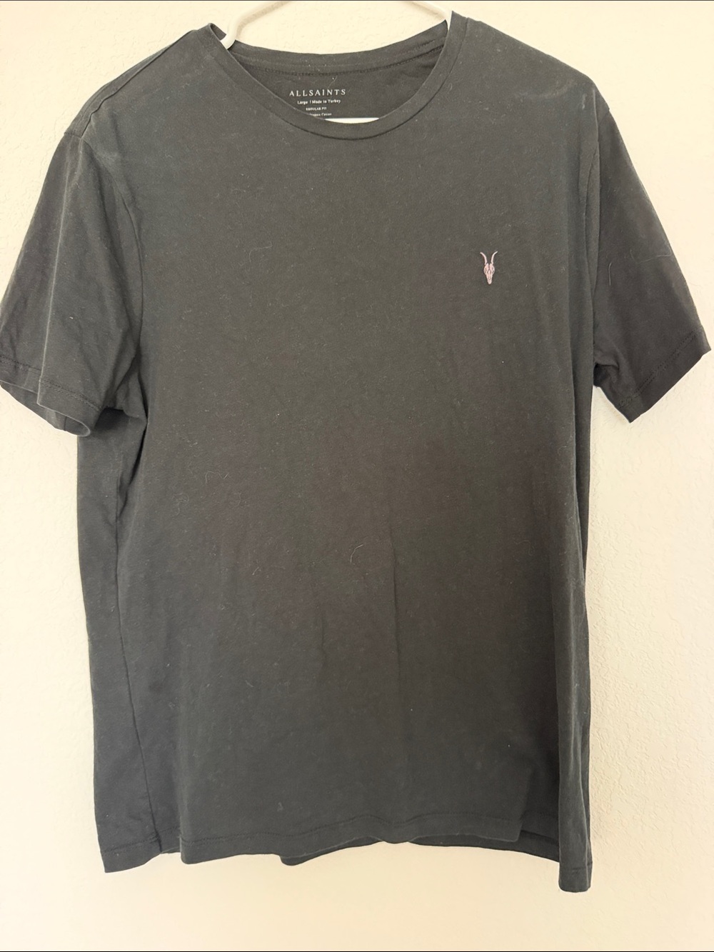 All Saints Black Short-Sleeve Crew Tee with Pink Ramskull Logo